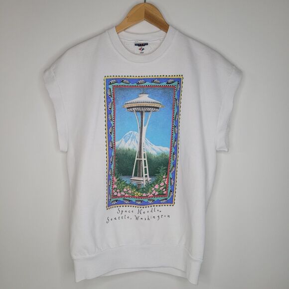 Vintage JERZEES White Cut Off Sweatshirt Size M Tank Seattle Space Needle Vest - Picture 2 of 7
